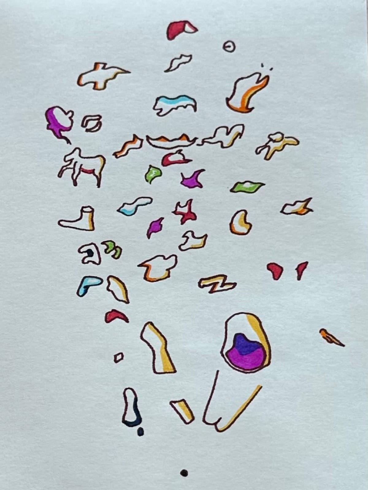 Abstract ink drawing: small colorful outlined shapes and a tiny quadruped figure drifting like fragments across cream paper.