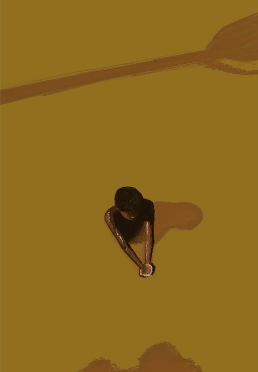 Boy in the Water — seen from directly above, a boy stands waist-deep in flat ochre water cupping his hands, his shadow stretching beside him; a long oar cuts across the top of the frame.