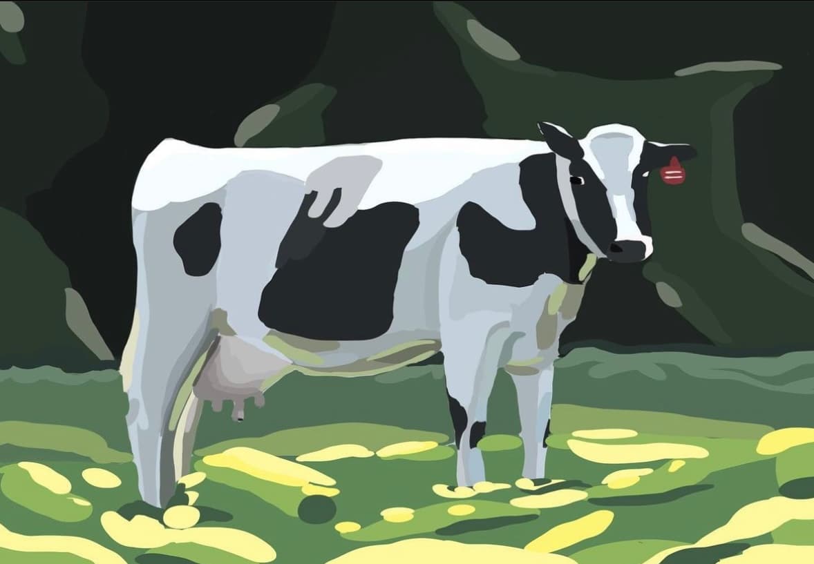 Cow — a Holstein in flat, poster-like color blocks, standing in a sunlit pasture dappled with yellow light against a dark tree line, red ear tag catching the eye.