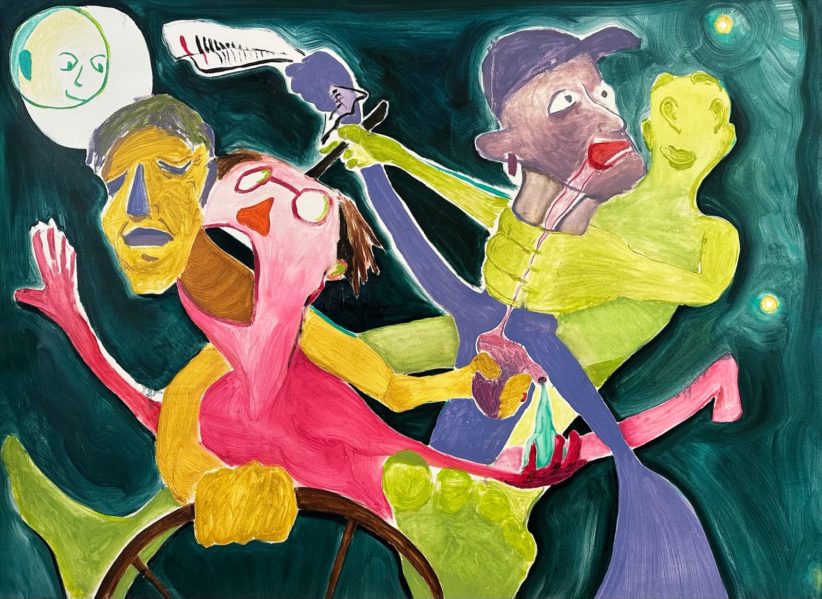 MY KID DREW THIS — a riotous oil scene: four cartoonish figures in hot pink, chartreuse, ochre, and violet tangled around a ship's wheel, under a full moon with a face, against a swirling dark-teal night.