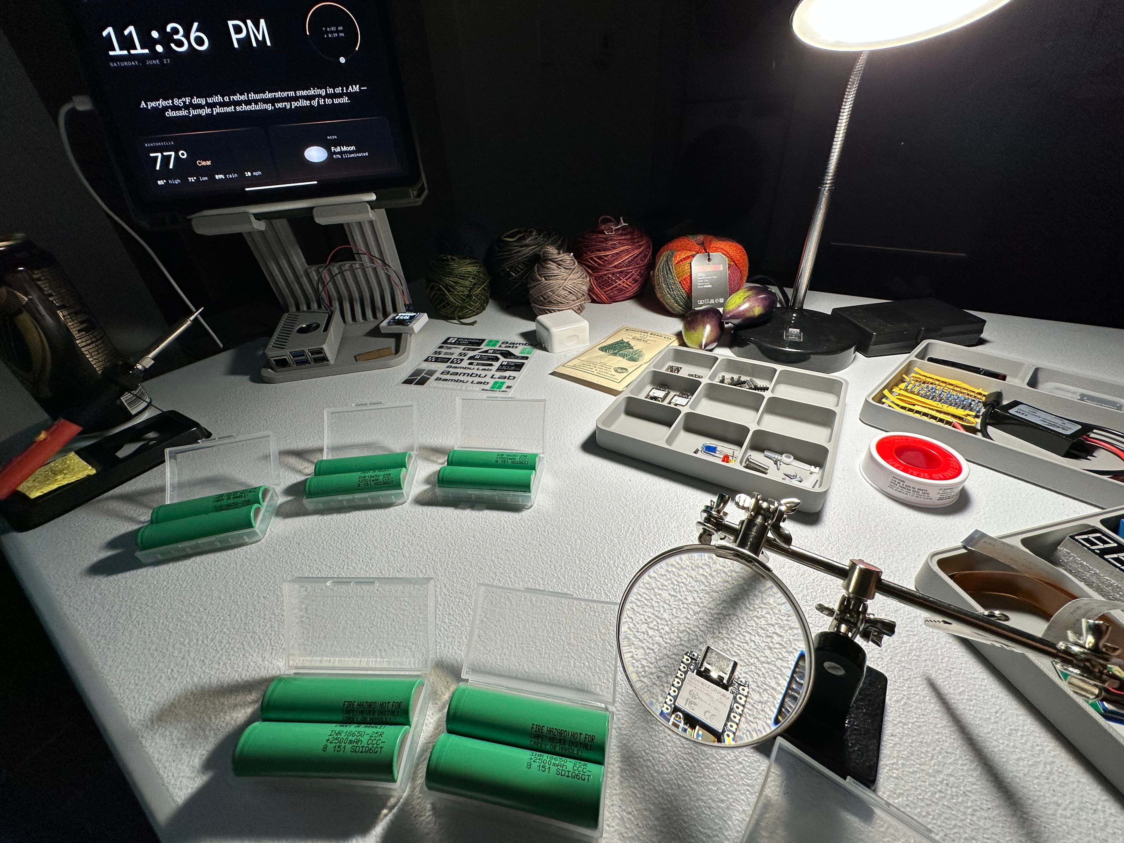 Cells staged, board under magnification — taking stock before the build.