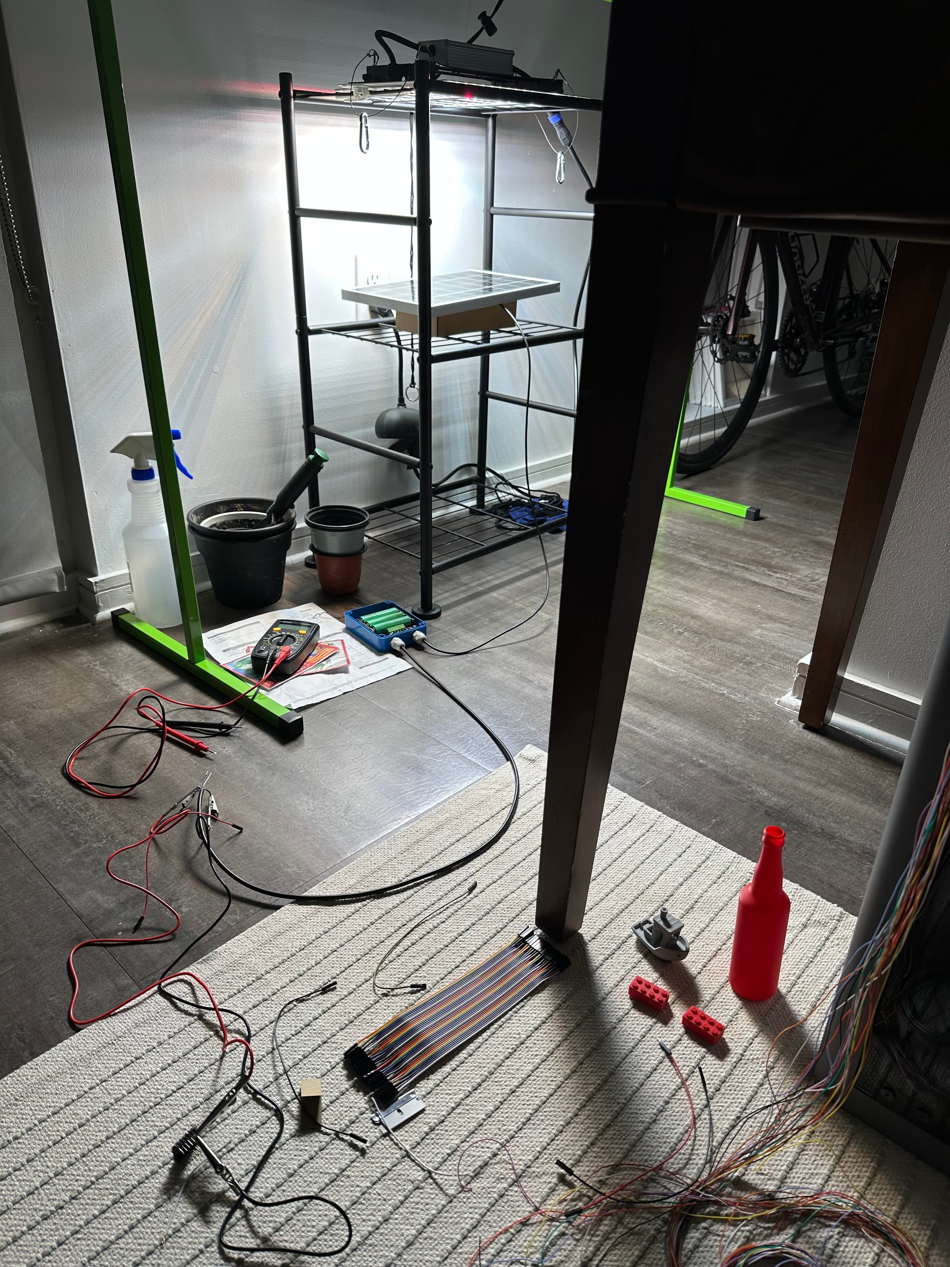 The sprawl — the apartment workspace mid-build.